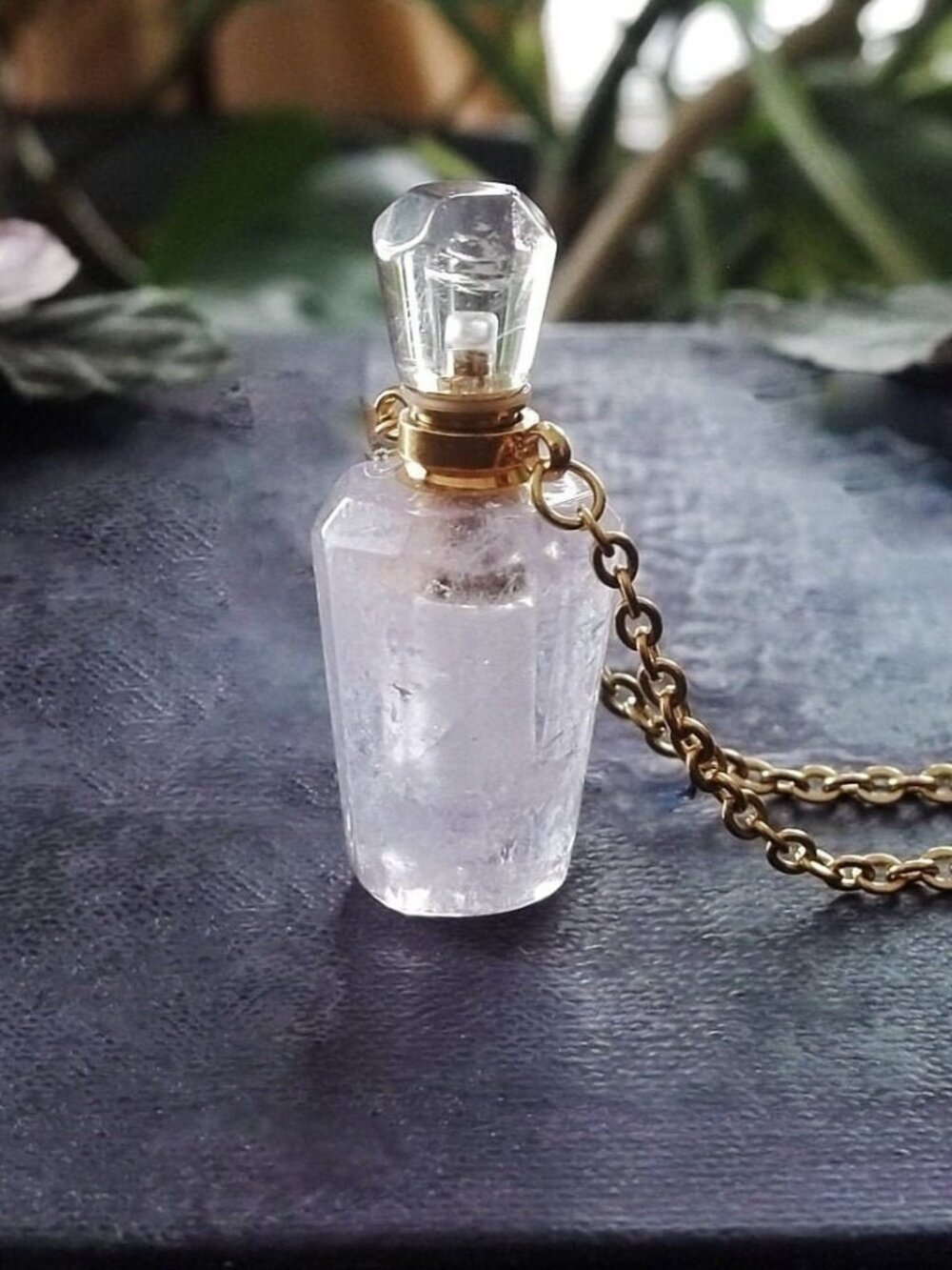 Natural Clear Lavender Quartz Crystal Perfume Bottle Necklace Vial Pendant